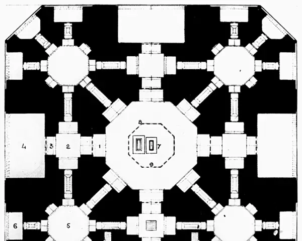 Floor plan of the Taj Mahal, the marble mauseleum at Agra, India, built (1631-1645) by the Mogul Emperor Shah Jahan in memory of his favorite wife, Mumtaz Mahal