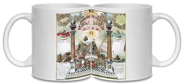 Emblematic chart and Masonic history which depicts numerous emblems of masonry including the all seeing eye, ark, beehive, lamb, globes on top of columns, square and compass, trowel, and anchor. Color lithograph, c1870-1880