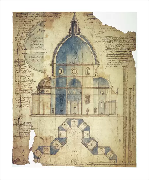 Cross-section of Filippo Brunelleschis design for the dome of Santa Maria del Fiore Cathedral in Florence, Italy. Contemporary drawing by Lodovico Cardi da Cigoli
