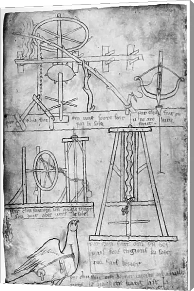 (c1225-c1250). French architect. Page from Villards sketchbook, showing various mechanical devices