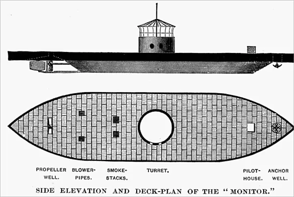 Side elevation and deck plan of John Ericssons ironclad steam batter USS Monitor