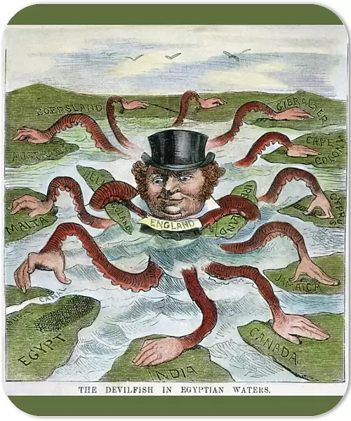 The Devilfish in Egyptian Waters. An American cartoon from 1882 depicting John Bull (England) as the octopus of imperialism grabbing land on every continent