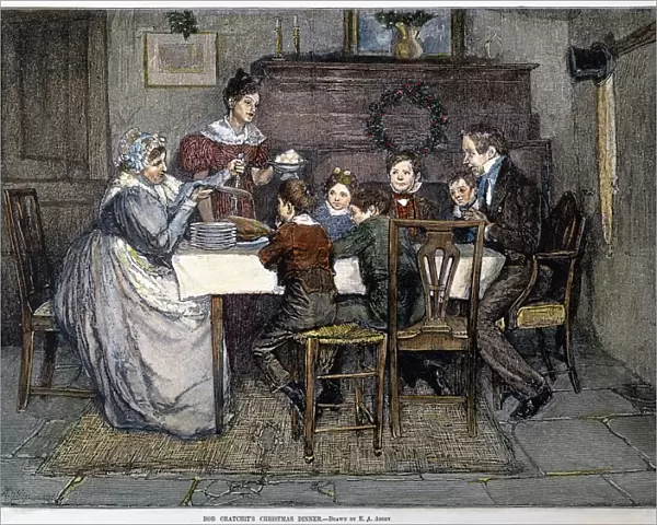 Bob Cratchits Christmas Dinner. After a drawing by Edwin Austin Abbey for Charles Dickens A Christmas Carol