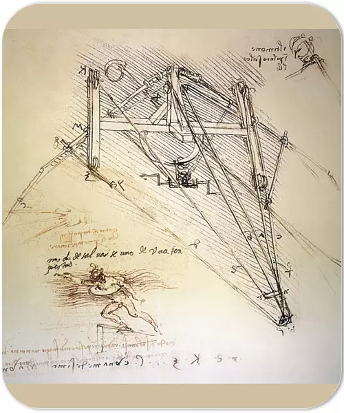 Drawings by Leonardo da Vinci of an ornithopter with pilot, and a life-preserver