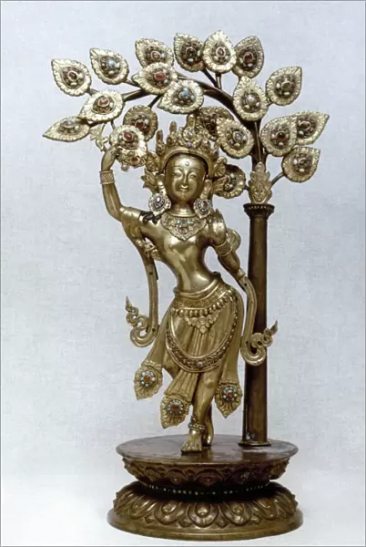Queen Maya giving birth to Prince Siddhartha, the future Buddha. Nepal, 1825. Gilded brass