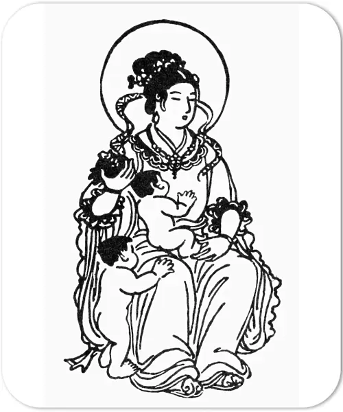 Japanese form of Hariti, Buddhist goddess for the protection of children. Line engraving