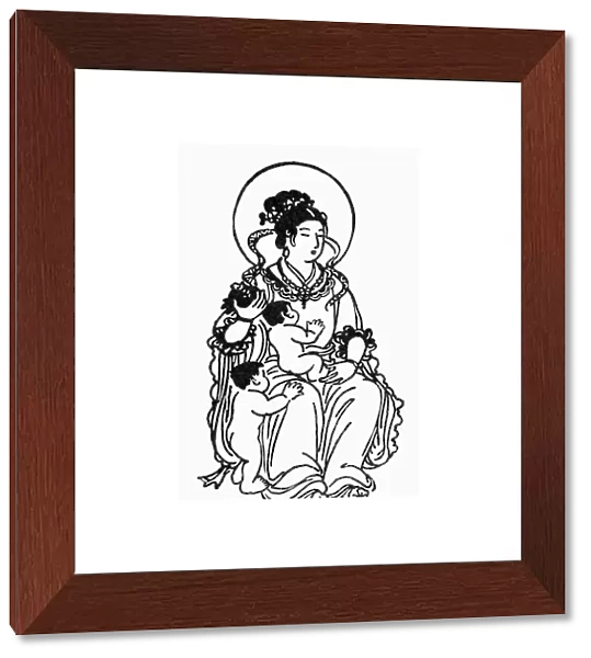 Japanese form of Hariti, Buddhist goddess for the protection of children. Line engraving