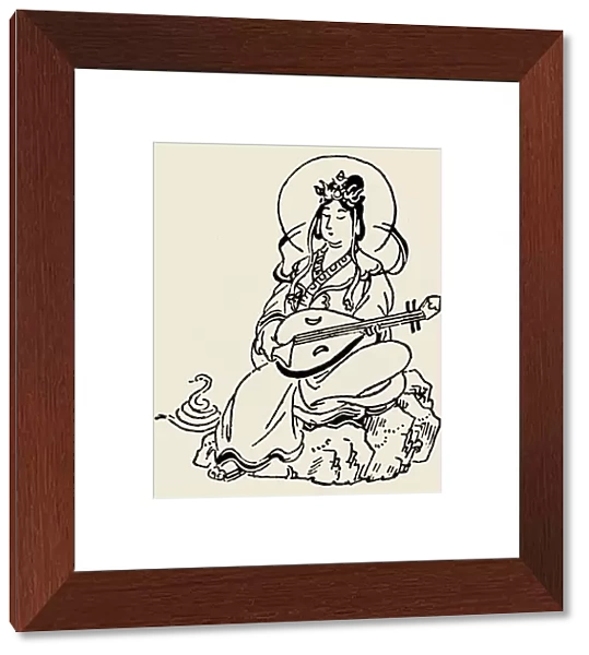 Benten, or Benzaiten, the Japanese Buddhist goddess of music, eloquence and wealth, playing a biwa. Line drawing