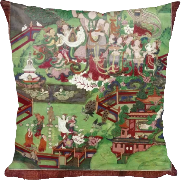 Buddha is born as Queen Maya reaches up for a branch. Painting on cloth, Tibet, 16th-18th century