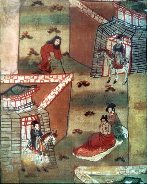 Prince Siddhartha meets an old man and a sick man. Detail of a painting on silk, 10th century, from Tun Huang, Gansu province, China