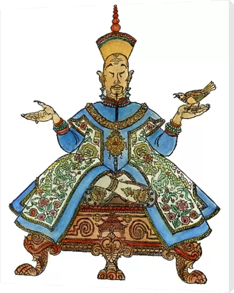The Emperor of China with the nightingale. Drawing by Arthur Szyk for the fairy tale by Hans Christian Andersen