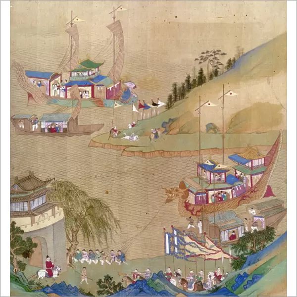 Yang Ti, Sui emperor of China (604-618), and his fleet of sailing craft, including a dragon boat being pulled along the Grand Canal. Painted silk scroll, 18th century
