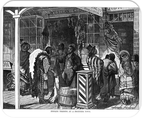 TRADING POST, 1875. Native Americans at a frontier trading post. Wood engraving