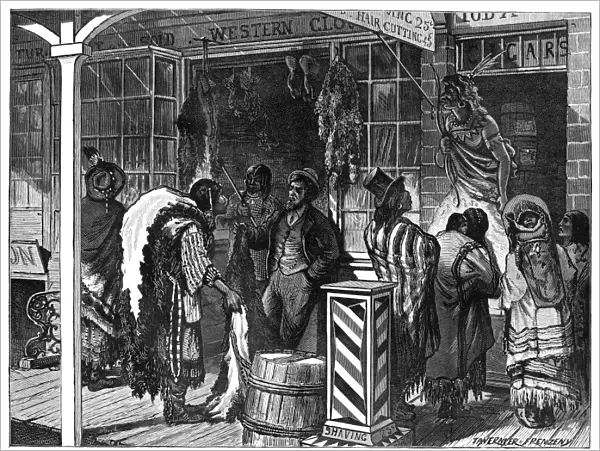 TRADING POST, 1875. Native Americans at a frontier trading post. Wood engraving