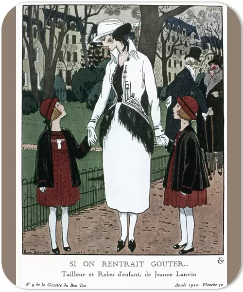 WOMENs FASHION, 1920. A woman and two schoolgirls wearing fashions by Jeanne Lanvin