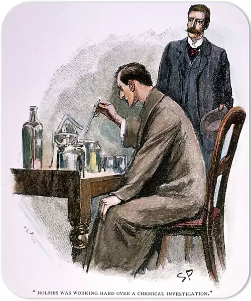 SHERLOCK HOLMES. Dr. John Watson observing Sherlock Holmes working hard over a
