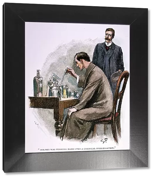 SHERLOCK HOLMES. Dr. John Watson observing Sherlock Holmes working hard over a