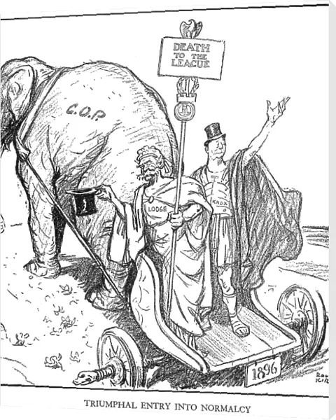 LEAGUE OF NATIONS CARTOON. Triumphant Entry into Normalcy. American cartoon, 1921