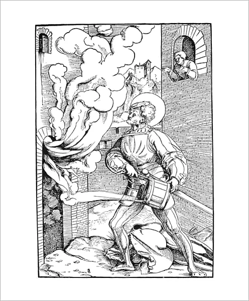 FIRE, 16TH CENTURY. Saint Florian, patron saint of firefighters. German woodcut