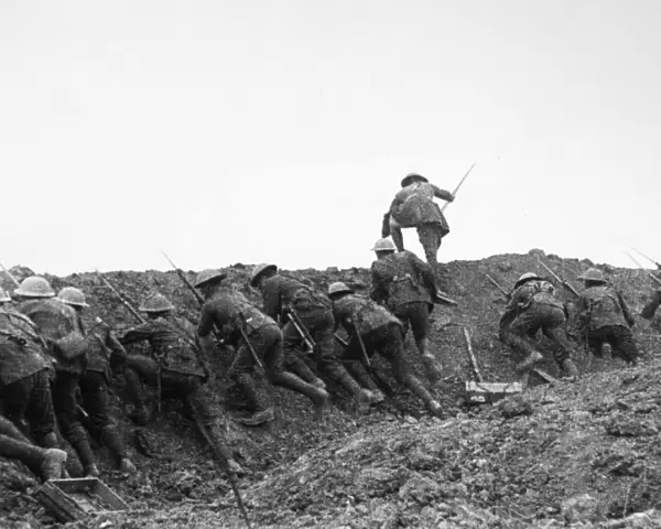 WORLD WAR I: SOMME, 1916. Allied troops going over the top, or advancing over