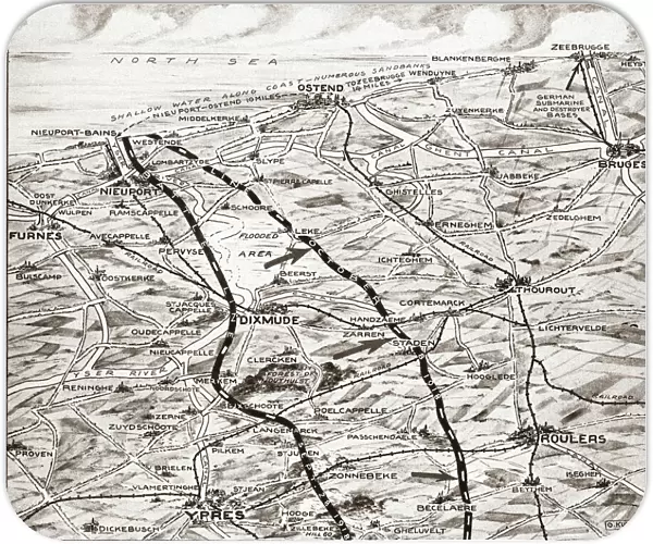 WORLD WAR I: BELGIUM, 1918. Map showing the zone of war operations in western Belgium