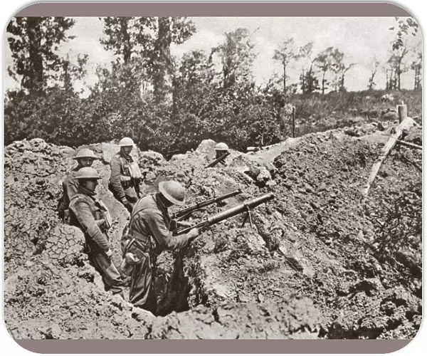 WORLD WAR I: TRENCH. Allied troops in a hastily dug trench during World War I. Photograph
