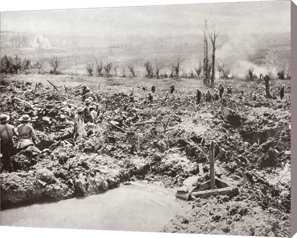 WORLD WAR I: TRENCH DIGGING. Sappers digging communication trenches amid artillery