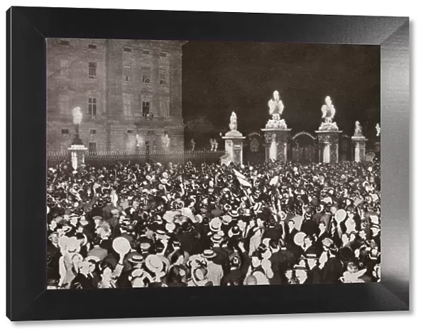 WORLD WAR I: DECLARATION. Crowds outside Buckingham Palace in London, cheering