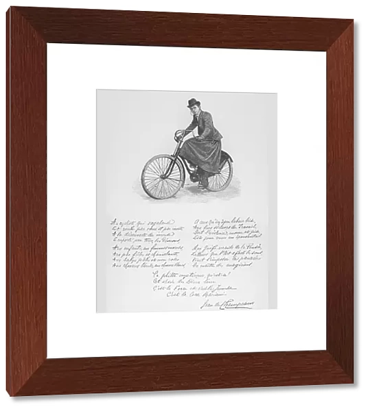 ARISTOCRAT ON WHEELS, c1900. Madame Richard Lesclide on her bicycle and a poem
