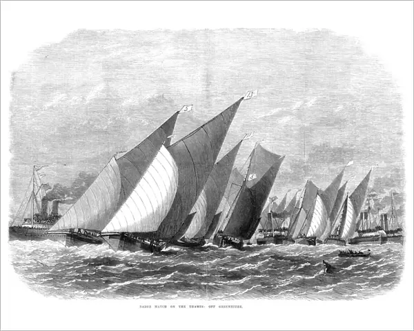 YACHT RACE, 1868. Barge Match on the Thames: Off Greenhithe, England. Wood engraving