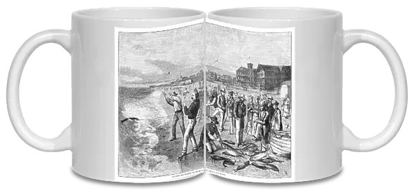 NEW JERSEY: FISHING, 1880. Squidding for blue-fish at Asbury Park. Engraving, 1880