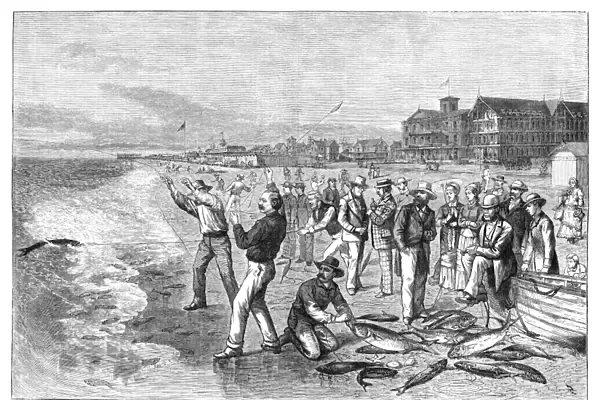 NEW JERSEY: FISHING, 1880. Squidding for blue-fish at Asbury Park. Engraving, 1880