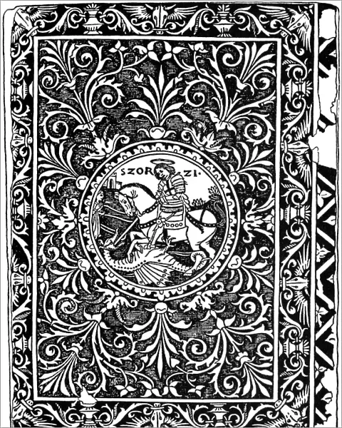 SAINT GEORGE & THE DRAGON. Woodcut book-cover, Italian, c1490-1500