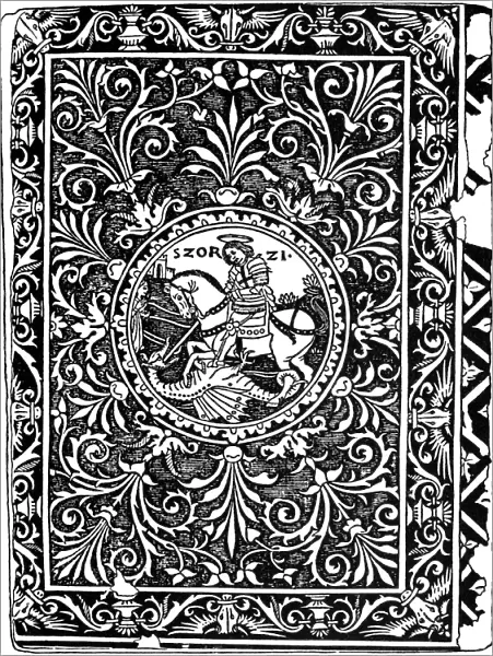 SAINT GEORGE & THE DRAGON. Woodcut book-cover, Italian, c1490-1500