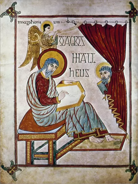 PORTRAIT OF SAINT MATTHEW. Book of Lindisfarne Gospels. Written and illuminated about 700 A