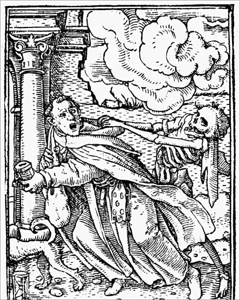 DANCE OF DEATH, 1538. Death and the Monk. Woodcut after a drawing by Hans Holbein the Younger
