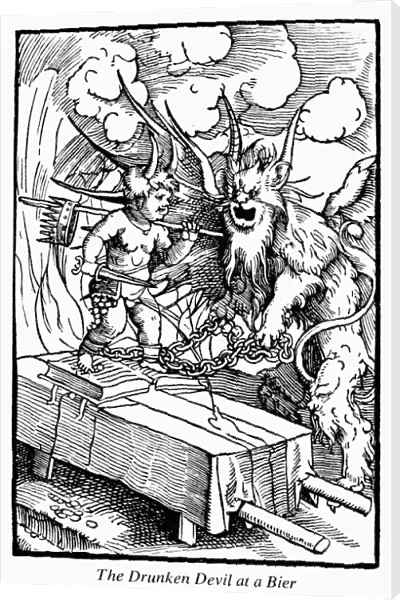 TEMPERANCE, 1534. The drunken devil on a bier. Woodcut from a book against drinking