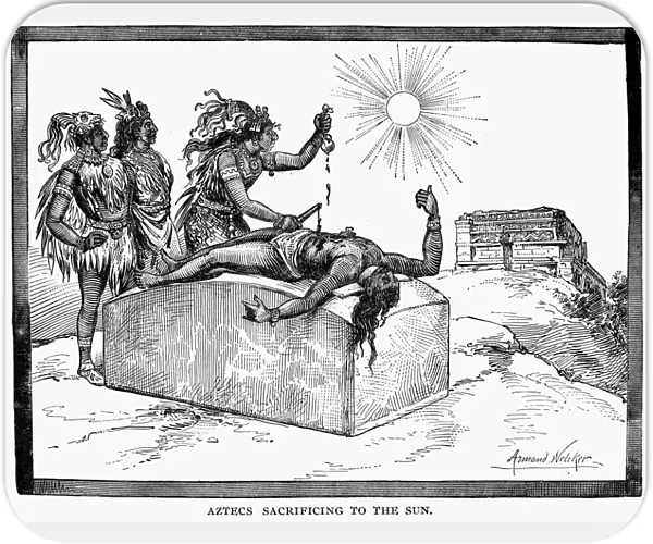 MEXICO: AZTEC SACRIFICE. Aztecs Sacrificing to the Sun. Drawing, late 19th century