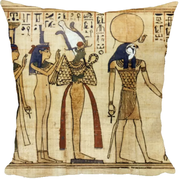 EGYPT: BOOK OF THE DEAD. The god Ra-Harakhti, center, on an Egyptian papyrus Book of the Dead