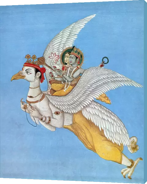 INDIA: GARUDA, c1780. Ramayana myth: Rama (Vishnu) and his wife Sita (Lakshmi) riding on Garuda