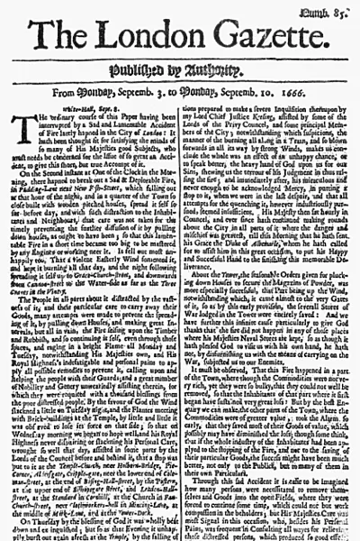 LONDON: GREAT FIRE, 1666. Front page of the London Gazette from 10 September 1666