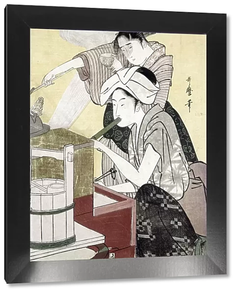 JAPAN: KITCHEN, c1775. Woman blowing on a kitchen fire. Woodblock print, late 18th century