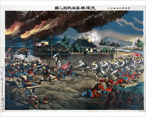 BOXER REBELLION, 1900. British and Japanese troops engaging Boxer forces in battle at Tianjin