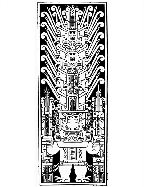 PERU: CHAVIN STELE. Drawing of the Raimondi stele, portraying a chieftain wearing