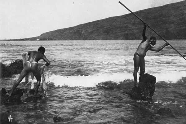 HAWAII: FISHERMEN, c1905. Native Hawaiian fishermen fishing with a spear and a net