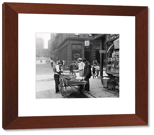 NEW YORK: MULBERRY BEND. A clam seller on Mulberry Bend in New York City. Photograph