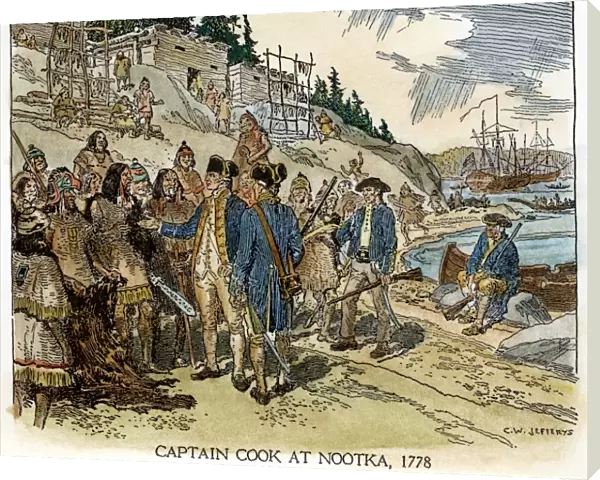 VANCOUVER ISLAND, 1778. Captain James Cook at Nootka Sound, Vancouver Island, Canada, in 1778