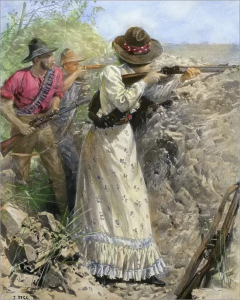 BOER WAR, 1900. Mrs. Davies, a British settler, firing on Boer positions during