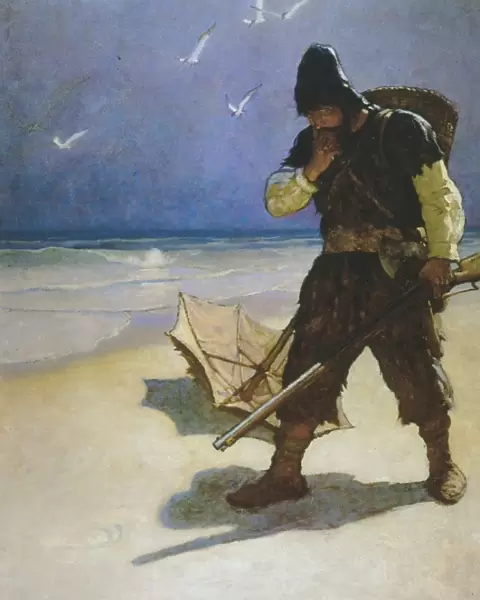 ROBINSON CRUSOE. On the beach. Illustration, 1920, by N. C. Wyeth