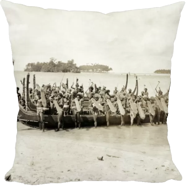 WARRIOR CANOE, c1922. A group of warriors with shields and spears standing by canoes